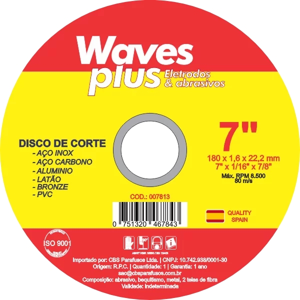 DISCO CORTE INOX 7" X 1,6MM X 7/8 ESPANHA - WAVES