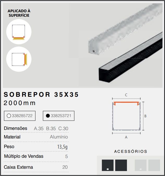 PERFIL SOBREPOR RISQUE 35X35MM BRANCO FOSCO C/ 2M