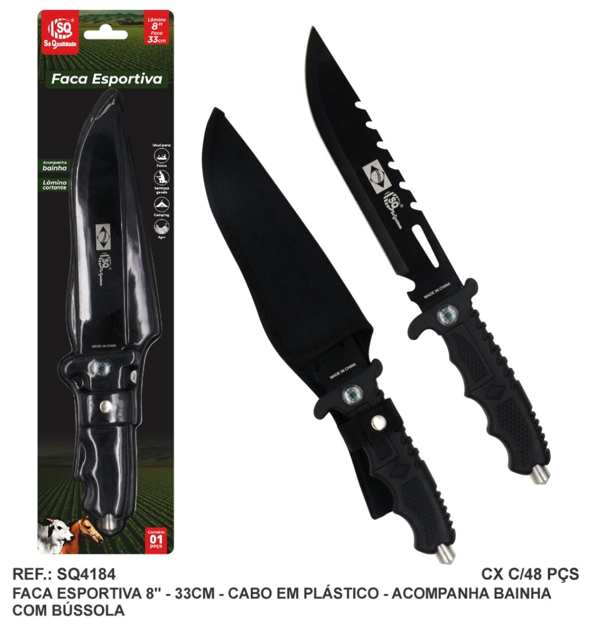 FACA ESPORTIVA 8" C/ BÚSSOLA ACO INOX C/ CABO PLASTICO - SQ
