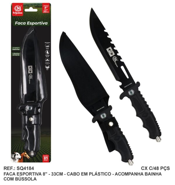 FACA ESPORTIVA 8" C/ BÚSSOLA ACO INOX C/ CABO PLASTICO - SQ