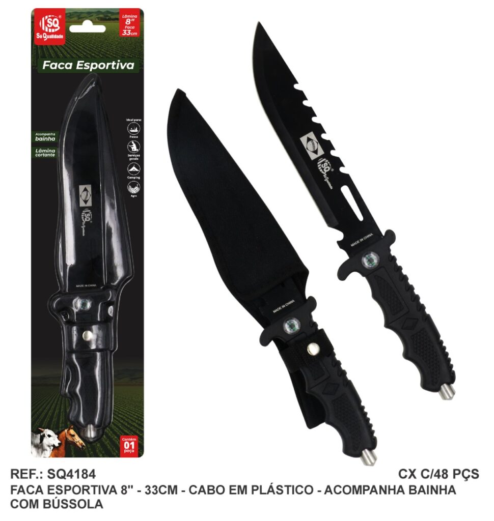 FACA ESPORTIVA 8" C/ BÚSSOLA ACO INOX C/ CABO PLASTICO - SQ