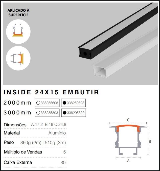 PERFIL EMBUTIR RISQUE 24X15MM BRANCO FOSCO C/ 3M