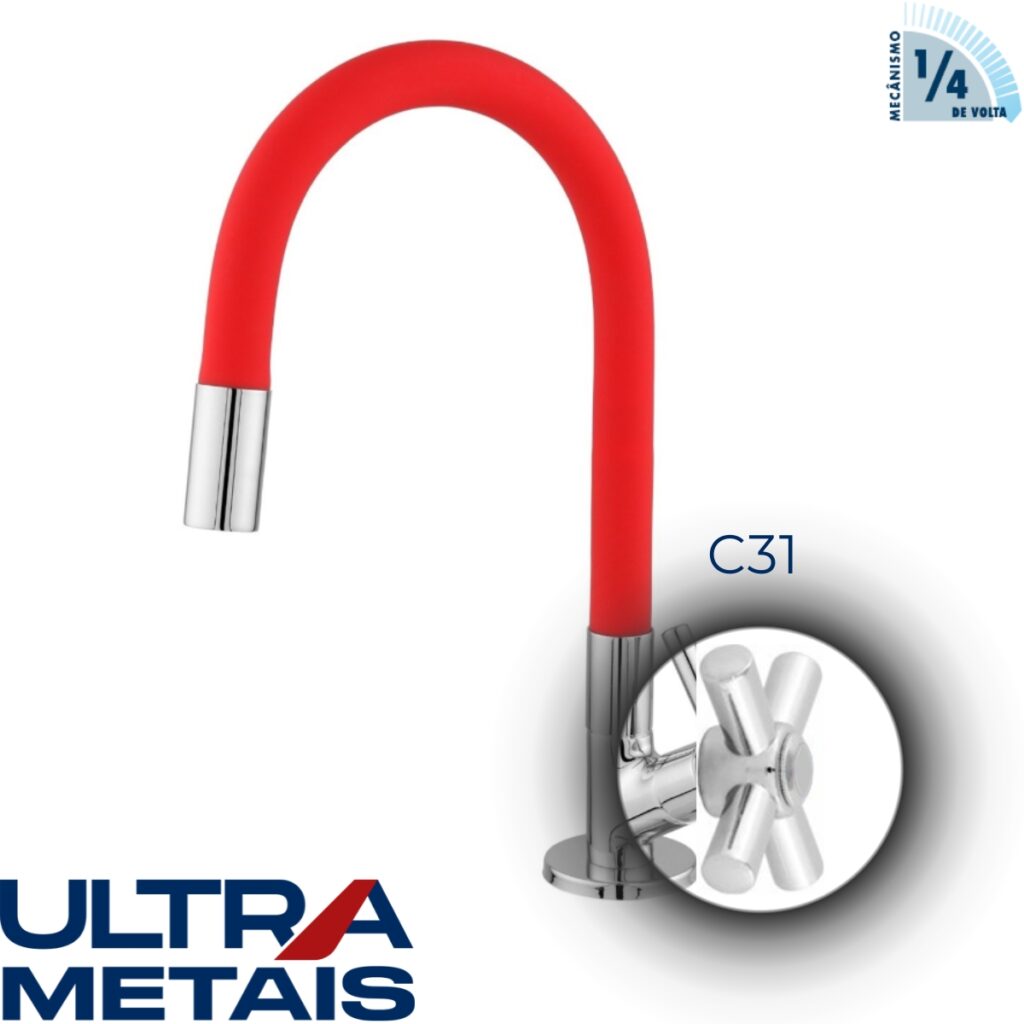 TORNEIRA FLEX VERMELHA COZ. BANCADA 3/4 C31 1/4 V - ULTRA METAIS