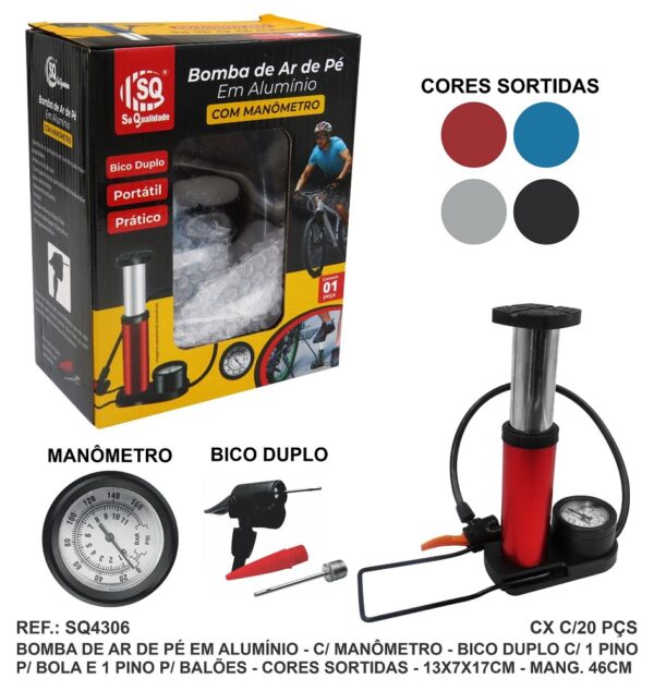 BOMBA DE AR PEDAL ALUMINIO C/ MANOMETRO E BICO DUPLO - SQ