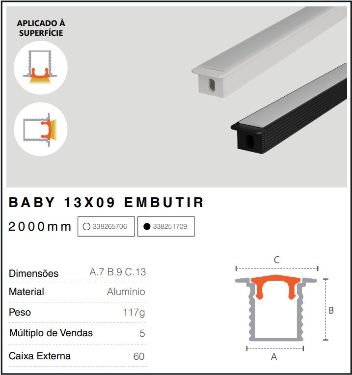 PERFIL EMBUTIR RISQUE 13X09MM BRANCO FOSCO C/ 2M