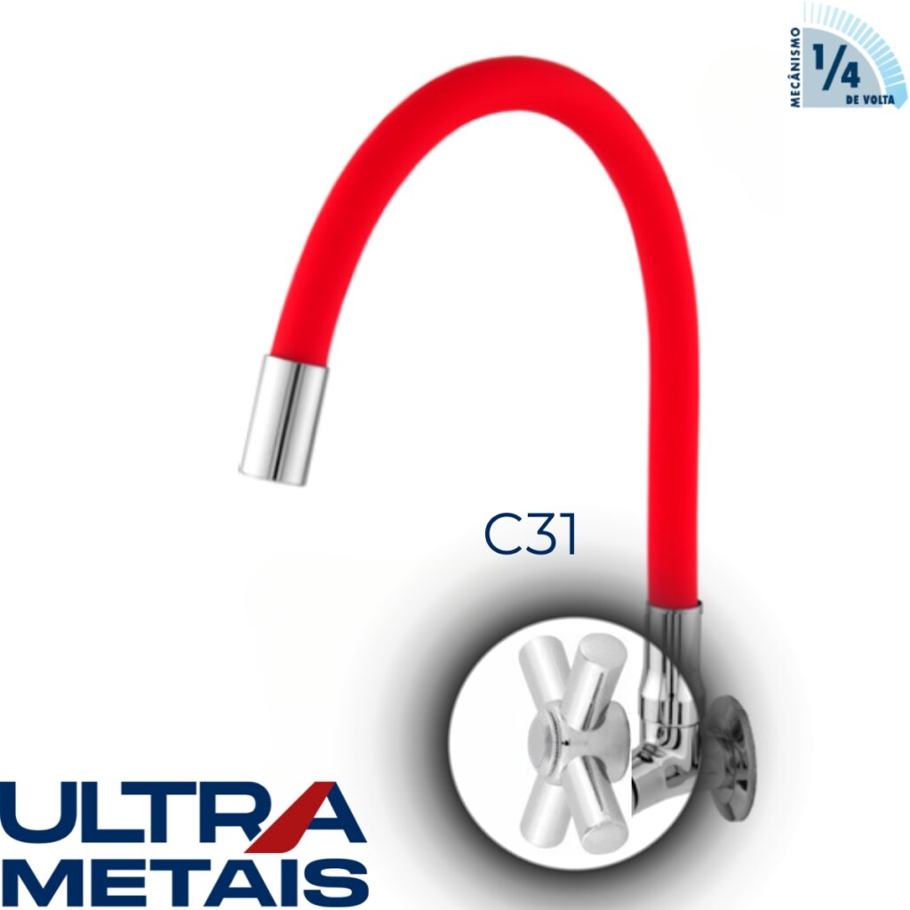 TORNEIRA FLEX VERMELHA COZ. PAREDE 3/4 C31 1/4 V - ULTRA METAIS