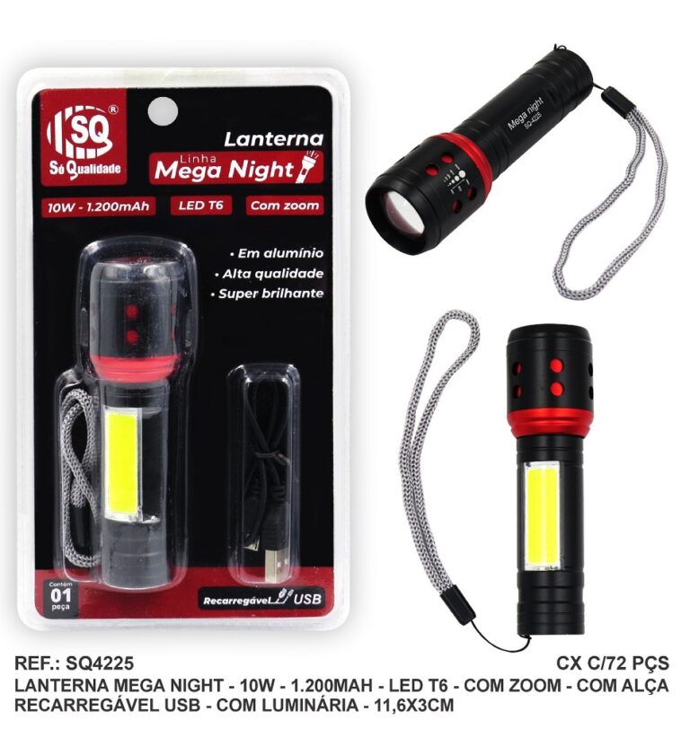 LANTERNA LED RECARREGAVEL 10W C/ ZOOM E FUNCAO LUMINARIA MEGA- SQ