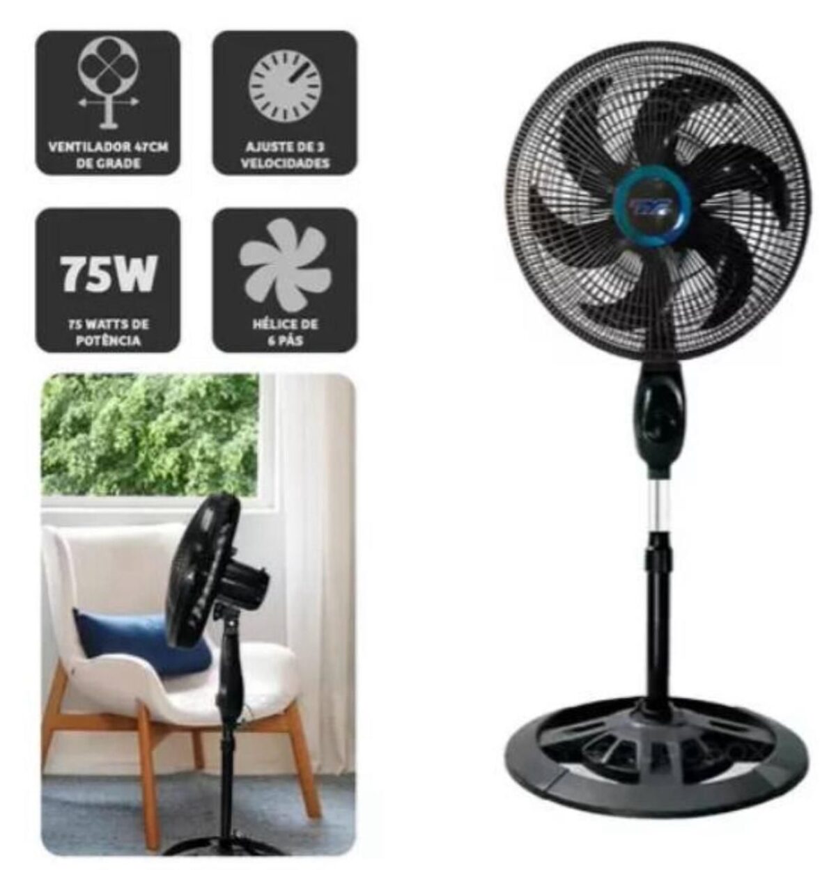 VENTILADOR COLUNA PRETO TURBO 6 PAS 47CM - 127V - TYF