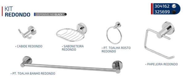 KIT BANHEIRO REDONDO 5 PEÇAS C/ CABIDE DUPLO CROMADO - ULTRA METAIS