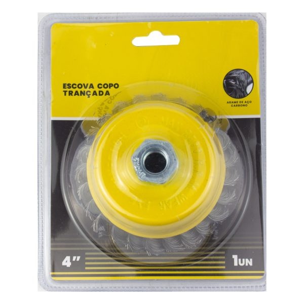 ESCOVA ACO COPO TRANÇADA 4" 100MM S/ HASTE ROSCA M14 -