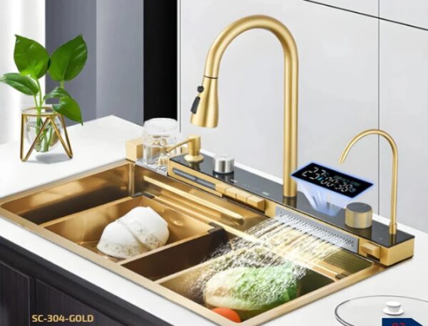 CUBA GOURMET COZINHA DUPLA ACO INOX 304 DOURADA LUXO C/ 2 TORNEIRAS E DISPLAY DIGITAL
